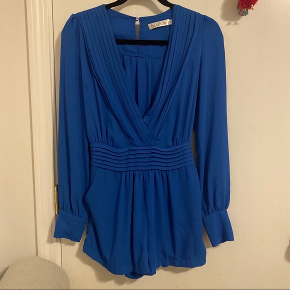 Blue long sleeve deep plunge romper - Picture 3 of 7
